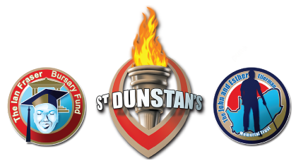 3 logos.A graduate student with a tertiary institution in the background enclosed by a circle with the words 'The Ian Fraser Bursary Fund'. A vertical eye and a flaming torch inserted in it with words 'Saint Dunstan's' written across. A visually impaired person walking with a long cane and the outline of South Africa in the background enclosed in a circle with the words 'The John And Esther Ellerman Memorial Trust'.